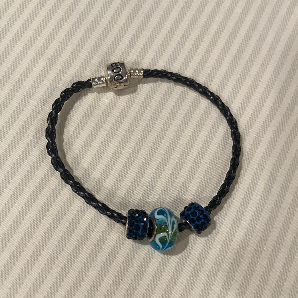 Pandora Genuine Black Leather Bracelet with 3 Charms
